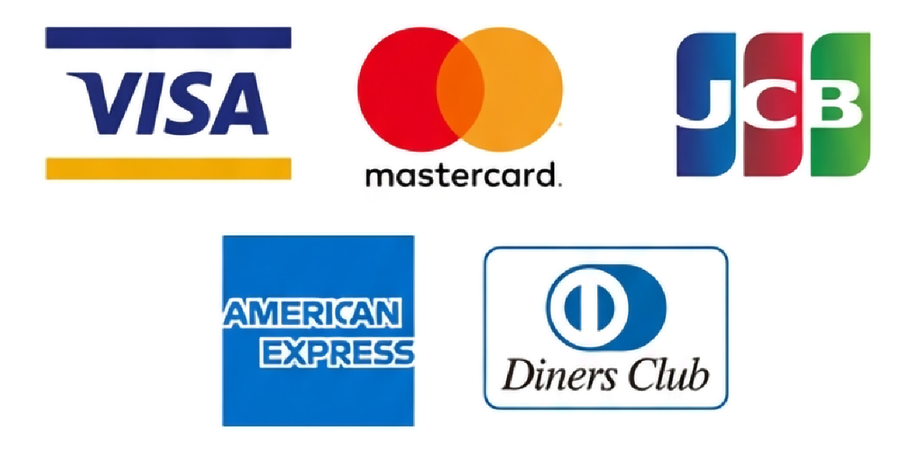 取り扱いクレジットカードブランドはVISA,mastercard,JCB,AEMRICAN EXPRESS,Diners Club