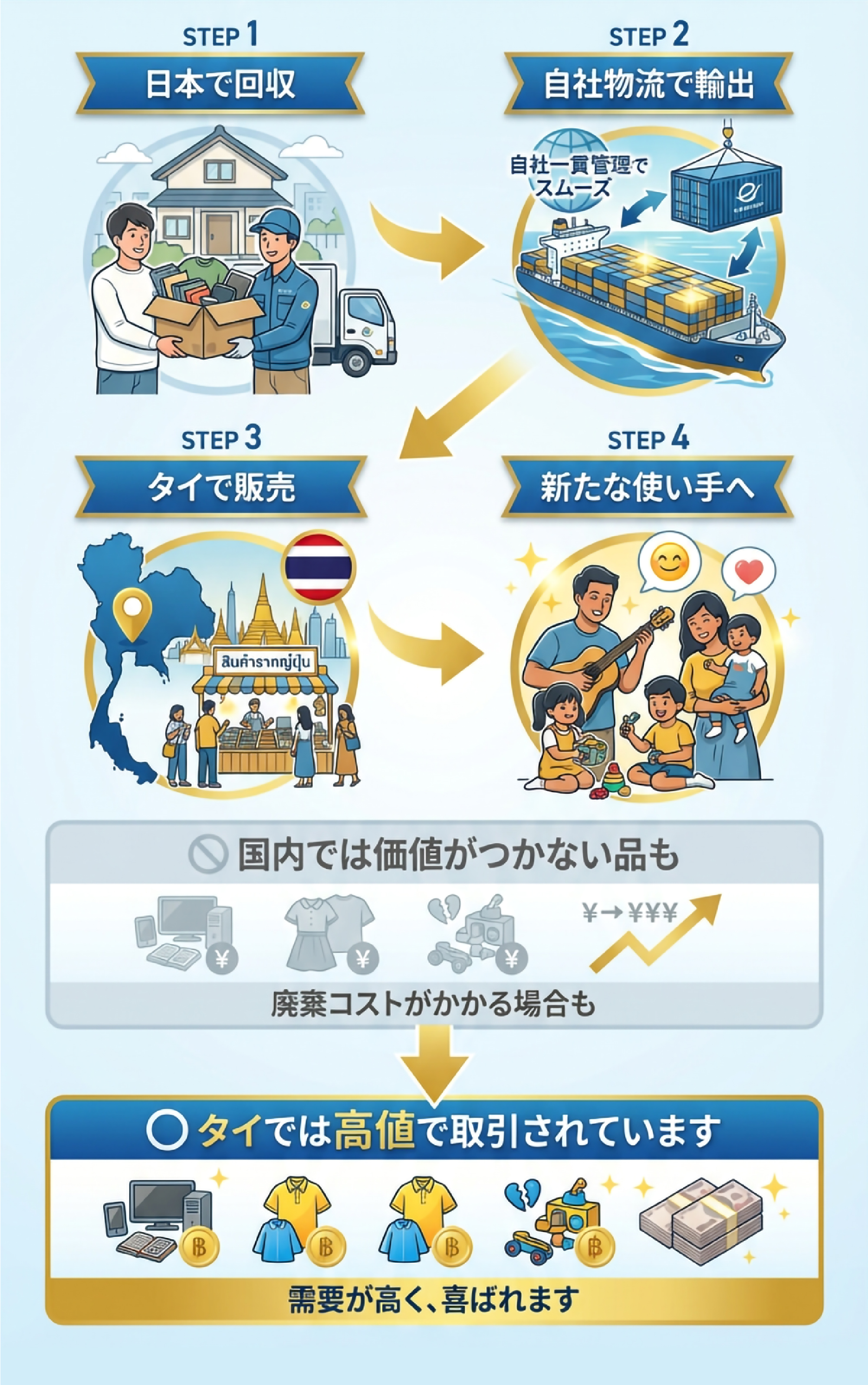 不用品輸出のフロー図。STEP1：日本で回収、STEP2：自社物流で輸出（自社一貫管理）、STEP3：タイで販売、STEP4：新たな使い手へ。下段では、国内では価値がつかず廃棄コストがかかるPC・衣類・玩具などが、タイでは需要が高く高値で取引され、喜ばれることを示しています。