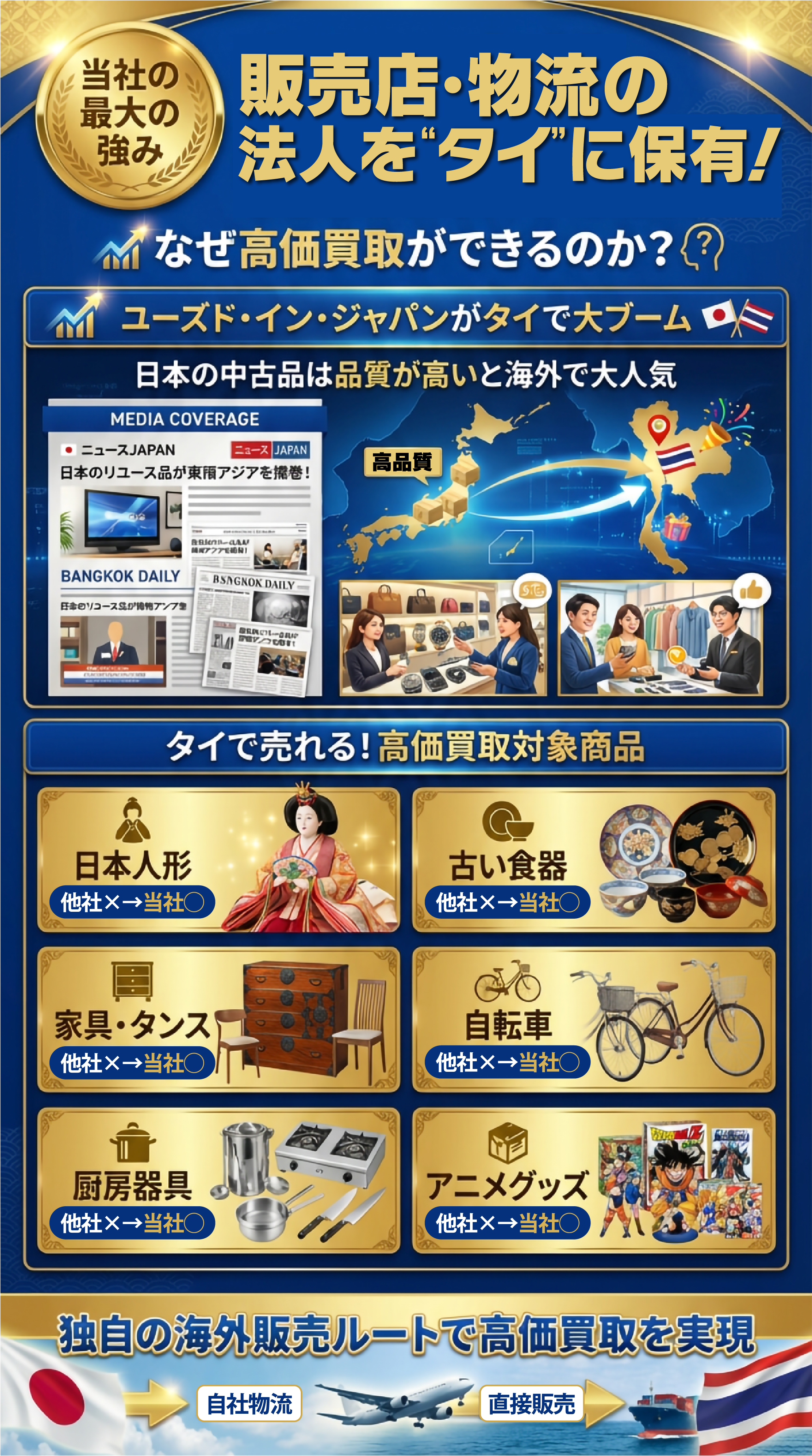 販売店・物流の法人をタイに保有する当社の強みを解説。Used-in-Japan（日本の中古品）のタイでの人気を背景に、独自の海外販売ルートで高価買取を実現。主な買取品目：日本人形、古い食器、家具・タンス、自転車、厨房器具、アニメグッズ。